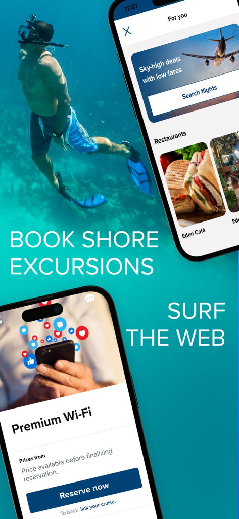 Interface of the Celebrity Cruises app showing options for booking shore excursions, flights, specialty dining, and premium Wi-Fi.