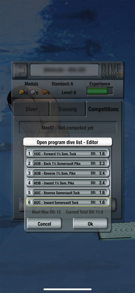 DiveChamp2 - A screen showing the dive list editor in DiveChamp2 with FINA codes and degree of difficulty ratings