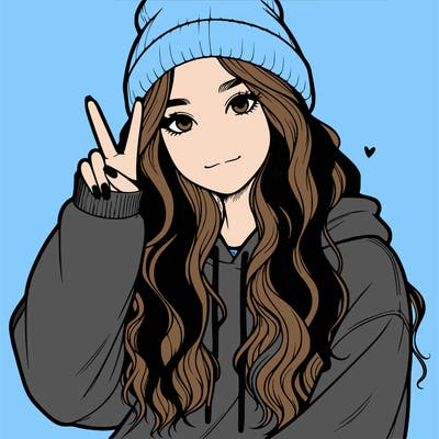 a teenage girl in a beanie, oversized sweatshirt, wavy long hair, and is showing a ✌️