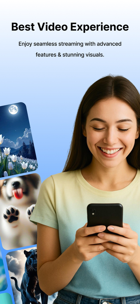 fdown.net - A smiling young woman using a smartphone with floating video thumbnails representing the fdown video toolkit