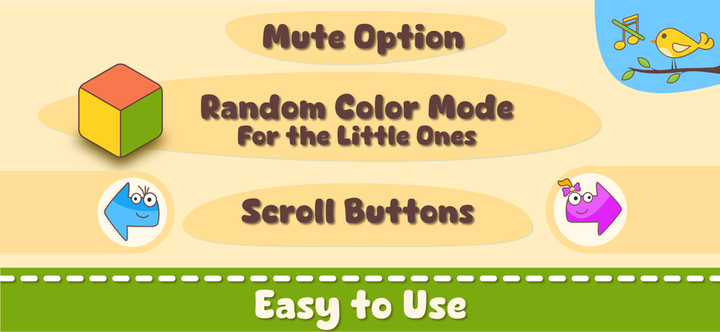 Coloring Games Kids・Babies 2-6 - Tela mostrando recursos fáceis de usar do aplicativo de colorir, incluindo opção de mudo e modo de cor aleatória