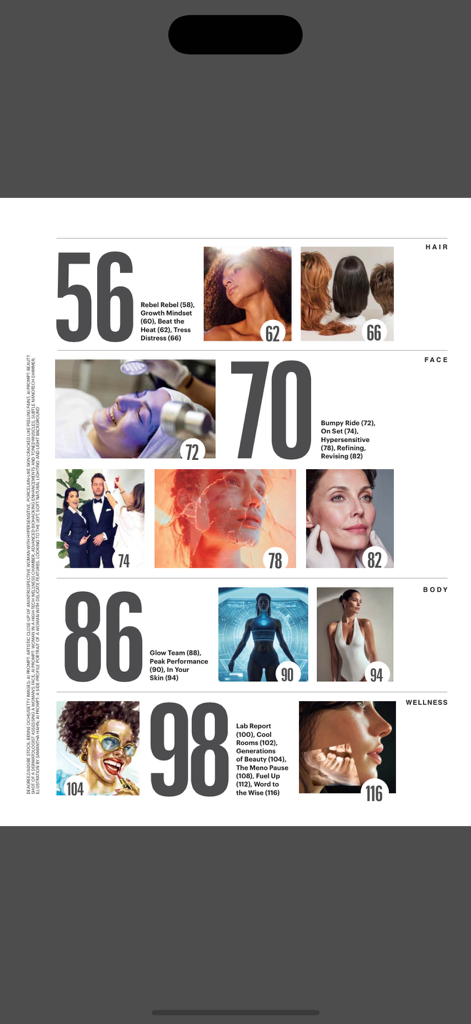 NewBeauty Magazine - Table of contents page in the NewBeauty Magazine app showing beauty and wellness topics.