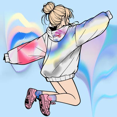 realistic girl jumping with a bun and oversized sweatshirt