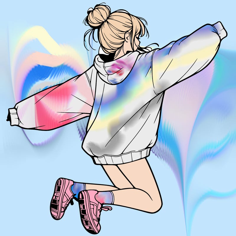 realistic girl jumping with a bun and oversized sweatshirt