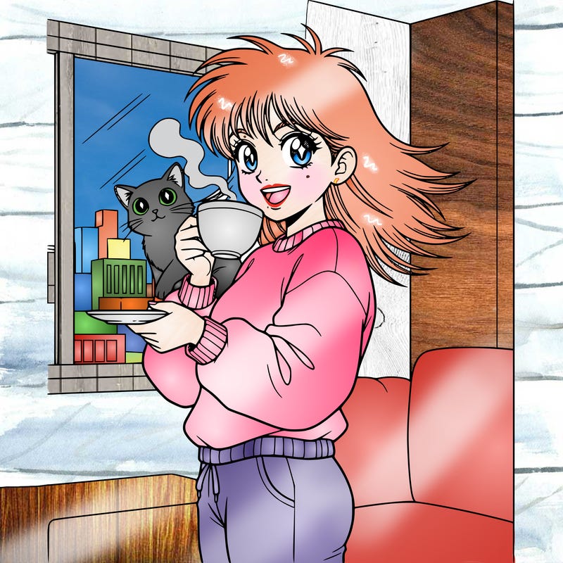 girl with sweatshirt sweatpants, drinking tea