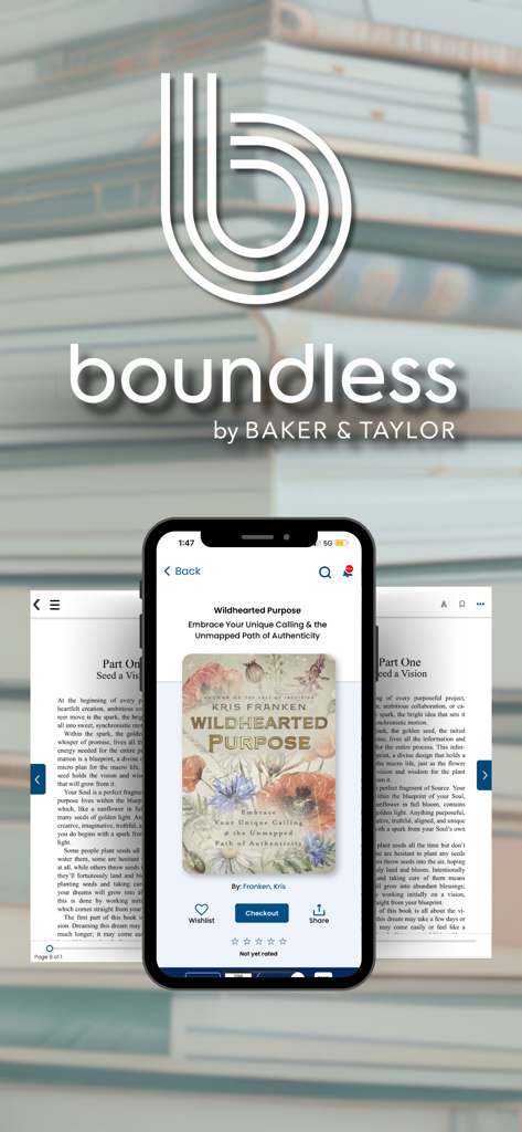 Smartphone displaying the Boundless app interface with an ebook titled Wildhearted Purpose ready for checkout