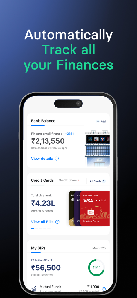 Painel do aplicativo móvel INDmoney exibindo saldos de contas bancárias, contas de cartão de crédito e progresso de investimento SIP.