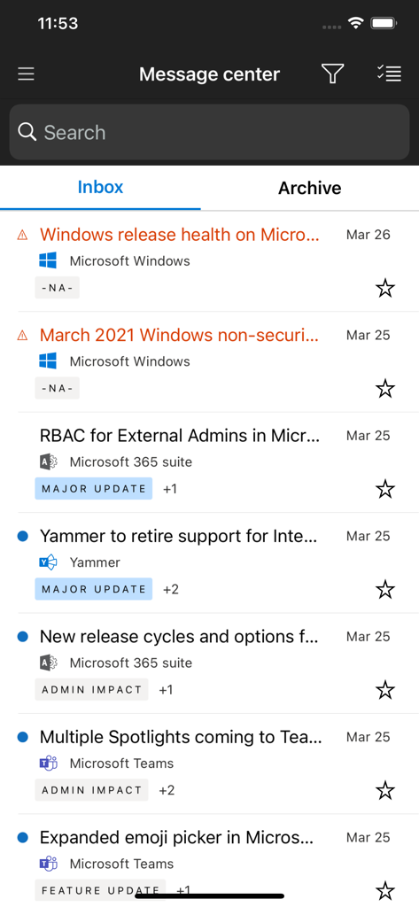 Microsoft 365 Admin - Message Center interface in the Microsoft 365 Admin app displaying a list of service updates and notifications for IT administrators.