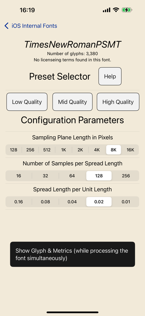 Font Visualizer Pro - Pantalla de configuración en Font Visualizer Pro que muestra preajustes de calidad y parámetros de muestreo para el procesamiento de glifos de fuentes