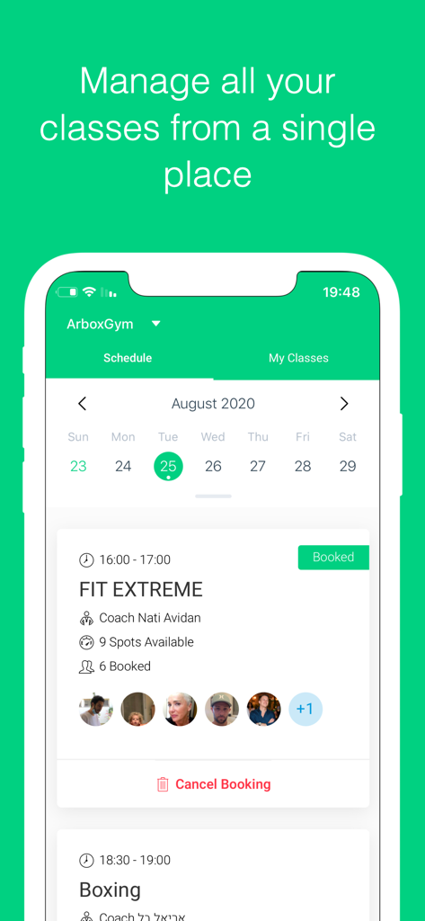 Arbox - Interface do aplicativo móvel Arbox exibindo um cronograma semanal de aulas de fitness e detalhes de uma sessão reservada.