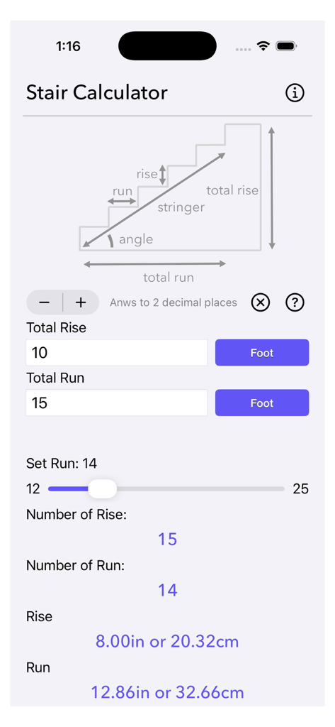 Stair Calculator Plus mobile app interface showing calculations for stair rise run and stringer dimensions