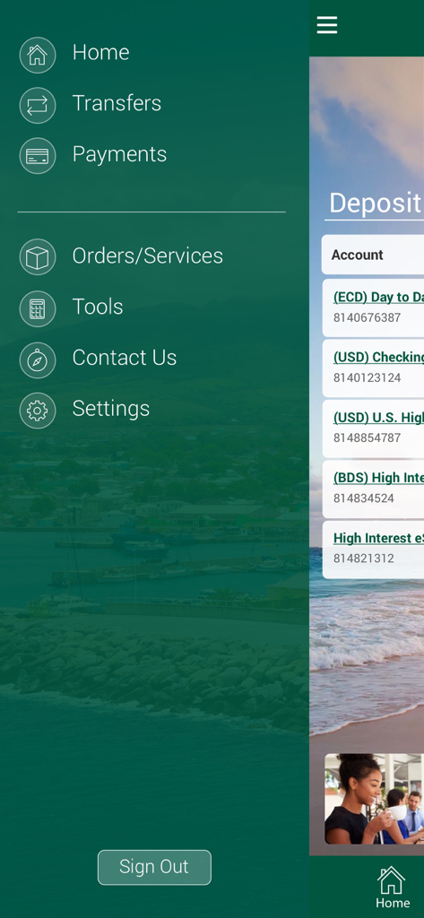 Side navigation menu of the SKNANB MoBanking app featuring options for transfers payments and settings