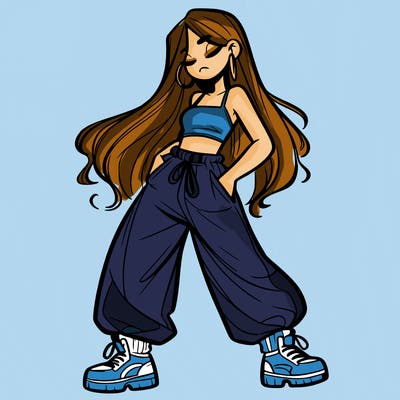 girl in baggy pants crop top and long hair