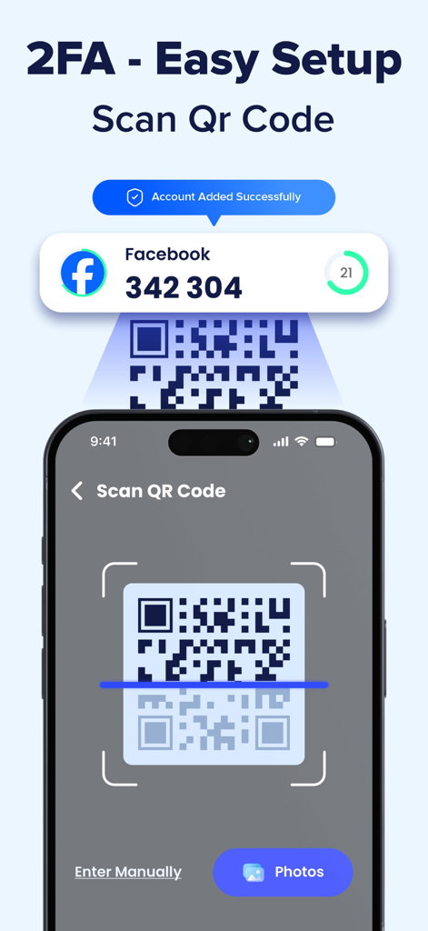 Authenticator App - 2FA Auth - An iPhone screen scanning a QR code to easily set up 2FA for a Facebook account