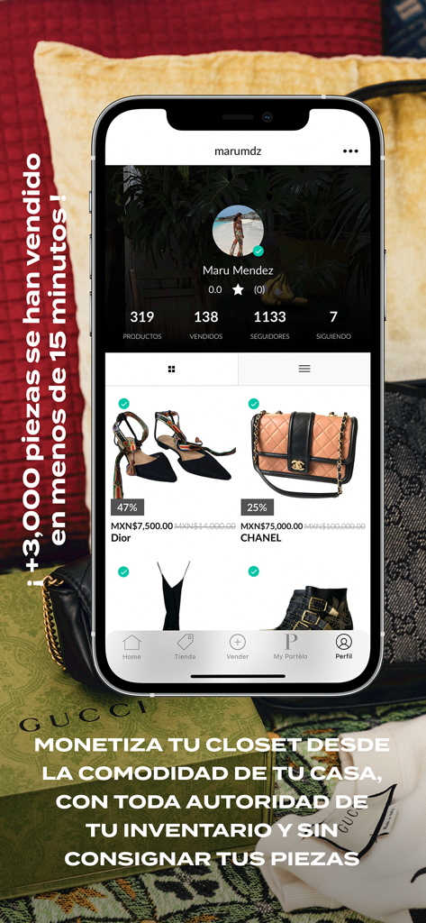 Portèlo -Luxury Fashion Market - Schermata mobile che mostra un profilo venditore nell'app Portelo con articoli di lusso autenticati in vendita, inclusi Chanel e Dior