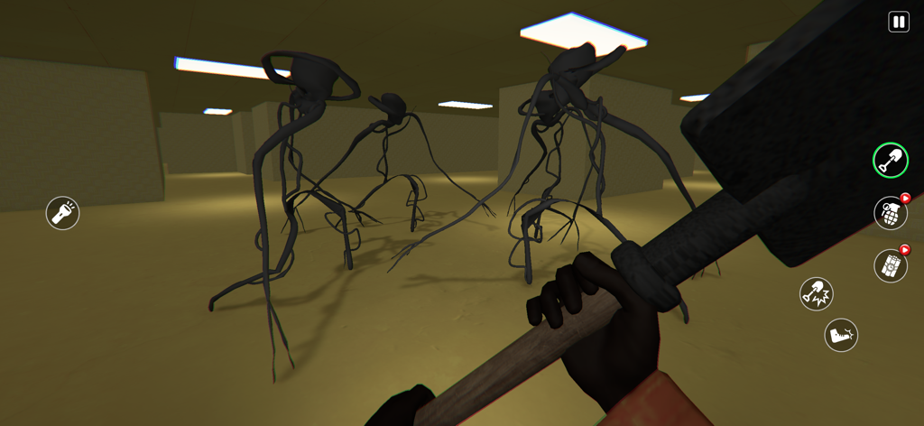 Jogabilidade em primeira pessoa de Silent Maze nas Backrooms com monstros pretos esguios.