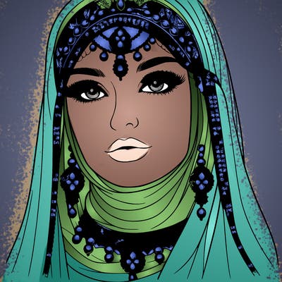 realistic woman with a veil covering her hair and mouth, muslim. the veil contains details with jewels. she has beautiful jewelry.