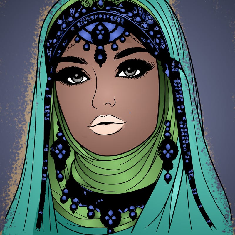 realistic woman with a veil covering her hair and mouth, muslim. the veil contains details with jewels. she has beautiful jewelry.