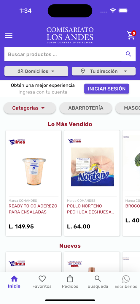 Comisariato Los Andes - Pantalla de inicio de la aplicación móvil Comisariato Los Andes mostrando categorías de comestibles y productos más vendidos.