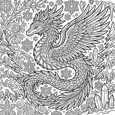 Embark on an epic coloring adventure with this stunning page featuring the revered Quetzalcoatl, the feathered serpent deity. Set against a detailed winter landscape, it combines ancient myth with the serene beauty of the colder months.
