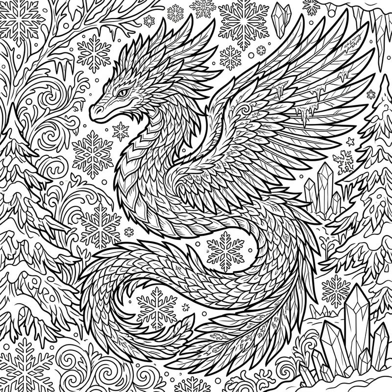 Embark on an epic coloring adventure with this stunning page featuring the revered Quetzalcoatl, the feathered serpent deity. Set against a detailed winter landscape, it combines ancient myth with the serene beauty of the colder months.