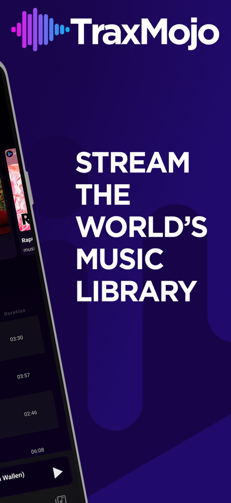 TraxMojo Music Streaming - Interfaz de la app de streaming musical TraxMojo con el eslogan Stream the World Music Library y una lista de canciones