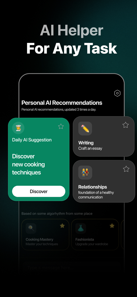 Pantalla de la aplicación móvil Ask Assist mostrando recomendaciones de IA para tareas de escritura, cocina y relaciones.