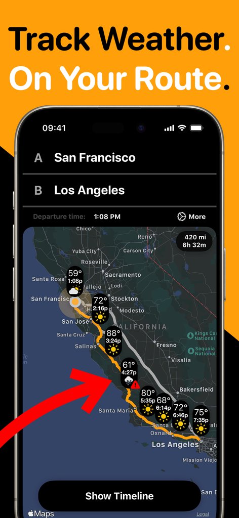 A mobile app interface displaying weather forecasts and storm alerts along a driving route from San Francisco to Los Angeles.