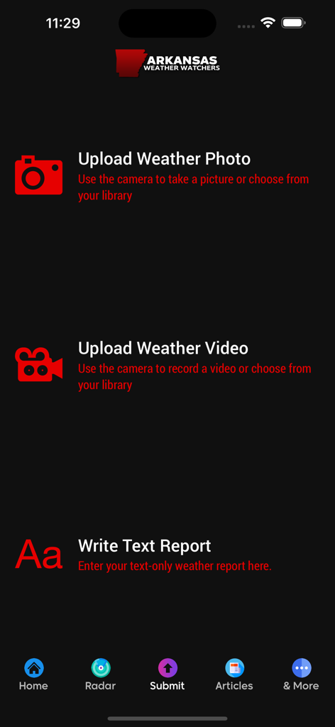 AR Weather Watchers - AR Weather Watchers app interface showing options to upload weather photos and videos or write a text report