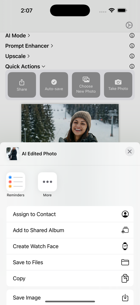 AI Photo Editing - iOS share menu in the AI Photo Editing app displaying options to save and share an edited portrait