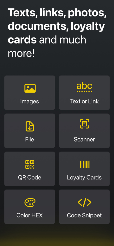 Una cuadrícula de funciones de productividad en la aplicación Clipboard PRO que incluye escáner, código QR y herramientas de fragmentos de código
