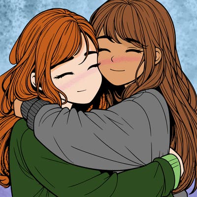 realistic two girls hugging