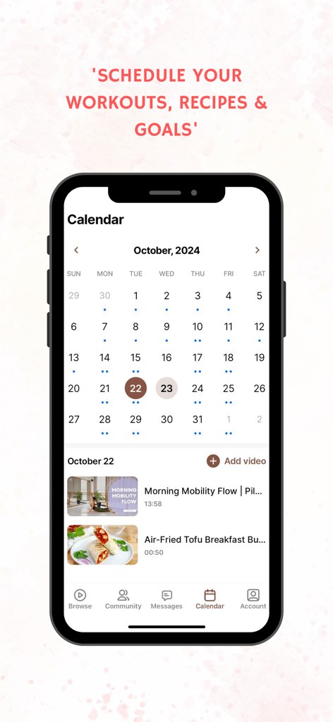 Body By Barre Studio - Screenshot of the Body By Barre Studio app calendar feature showing scheduled workouts and recipes for October.