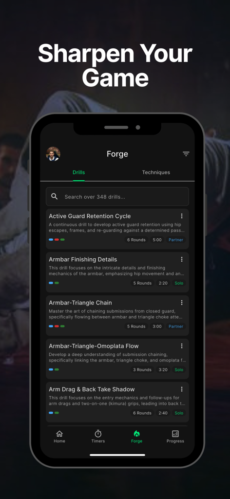 TapFlow: BJJ Timer & Drills - Pantalla de la biblioteca de ejercicios de la aplicación TapFlow que muestra una biblioteca de ejercicios de entrenamiento de BJJ para práctica en solitario y en pareja