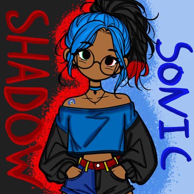 girl with a messy ponytail glasses a baggy crop top and jean shorts