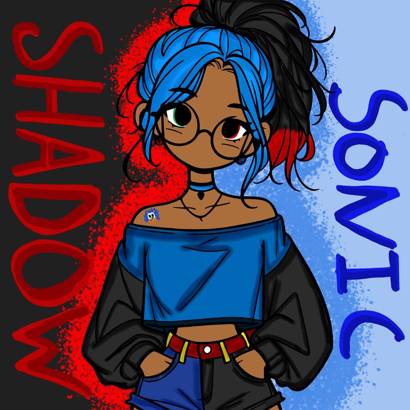 girl with a messy ponytail glasses a baggy crop top and jean shorts