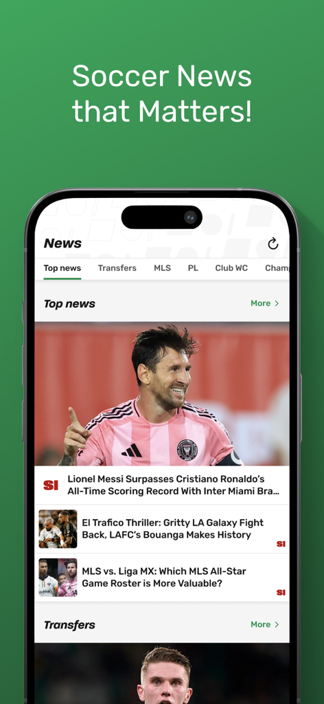 TorAlarm Live Scores - Smartphone-Bildschirm mit dem Nachrichtenbereich von TorAlarm und einem Featured-Artikel über Lionel Messi