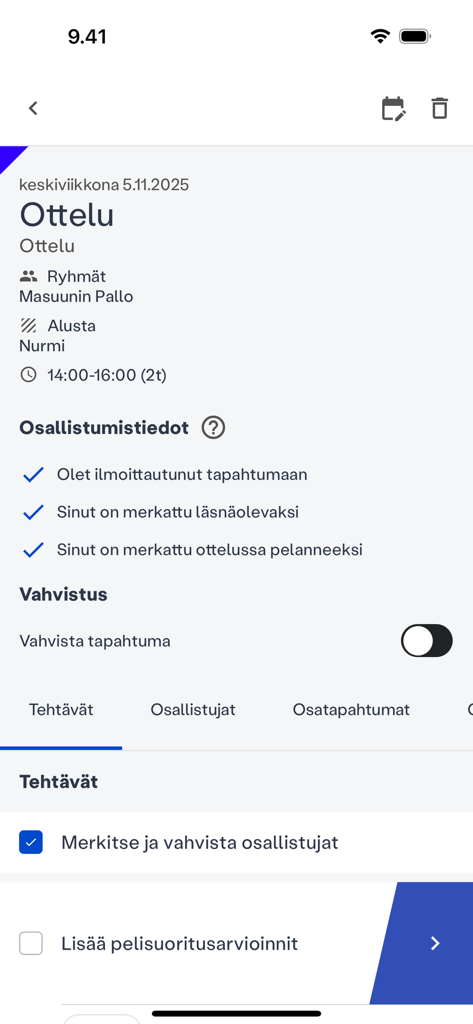 Visualização de detalhes da partida do aplicativo MyE.Way com informações da equipe e rastreamento de participação.