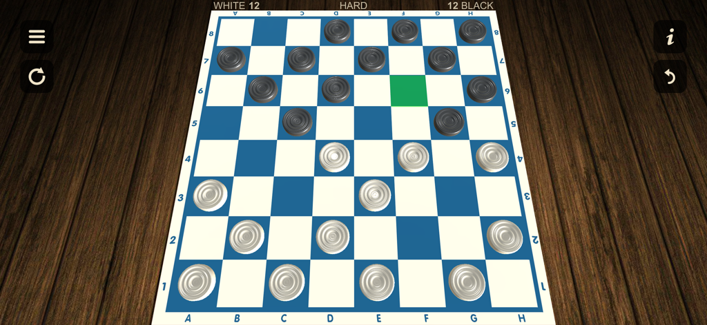 A 3D view of a checkers game board with white and black pieces on a wooden background