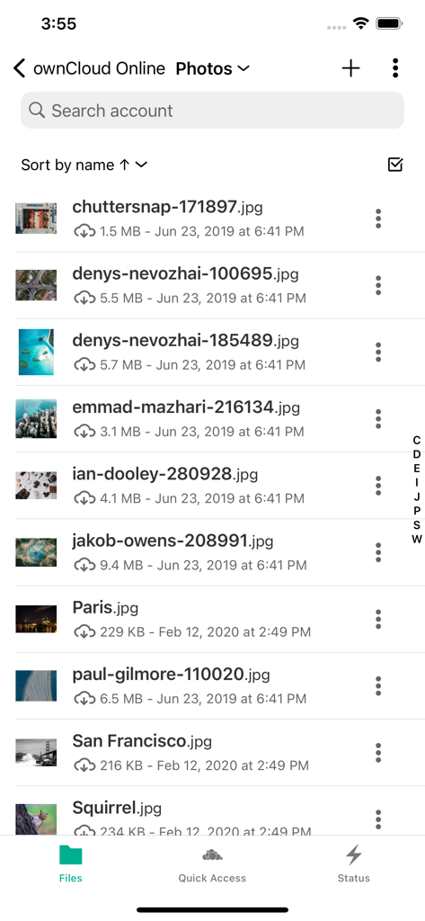 Lista de archivos de fotos en la aplicación móvil ownCloud Online