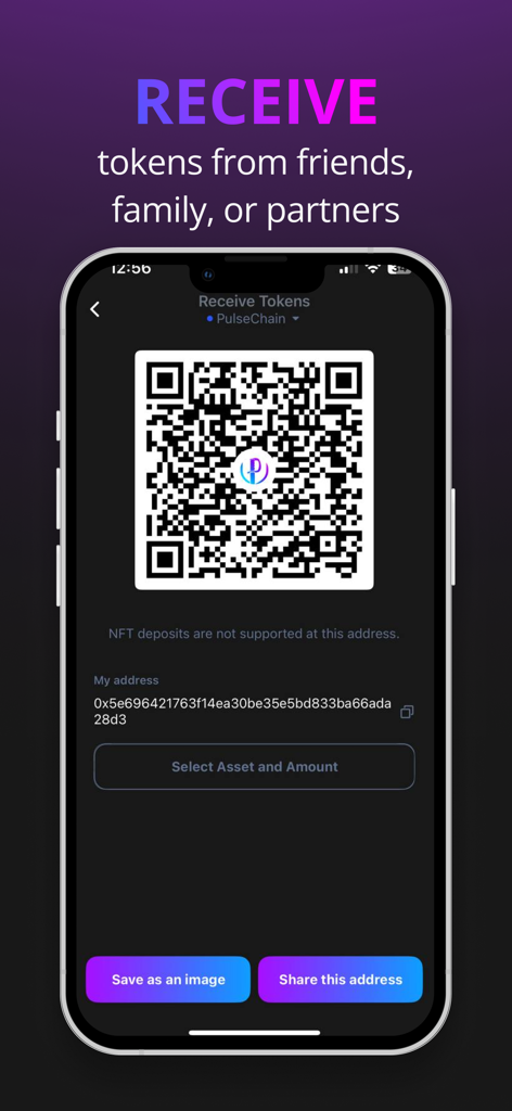 Interface Pulse Wallet montrant un code QR et une adresse de portefeuille publique pour recevoir des jetons de cryptomonnaie