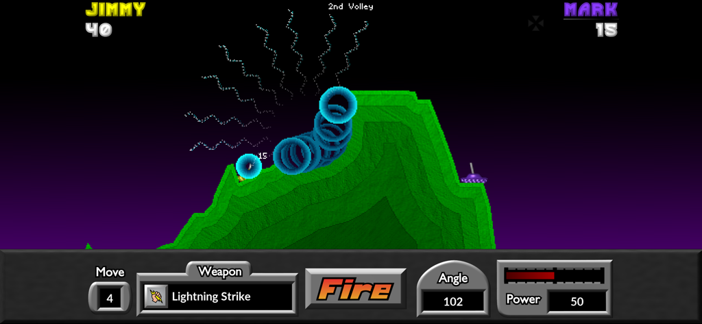Pocket Tanks Deluxe gameplay showing a tank firing a lightning strike weapon across 2D terrain