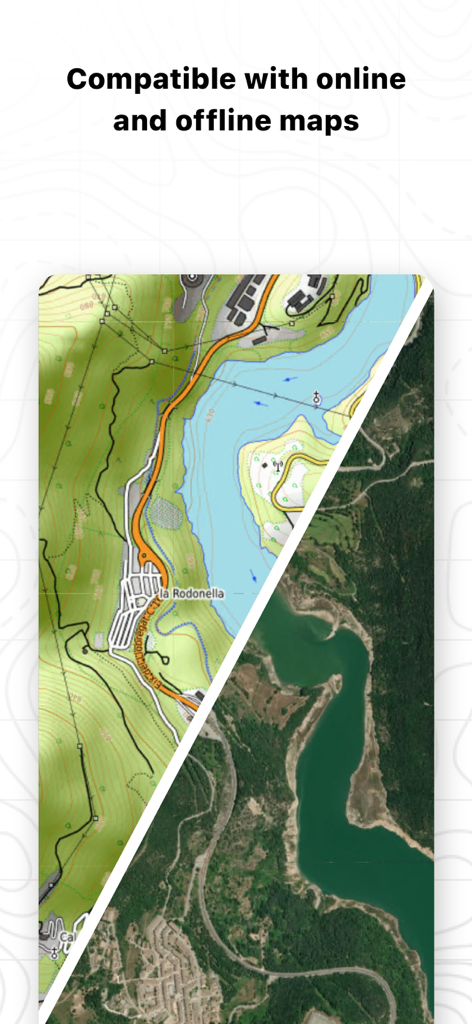TwoNav 6: Routes and Maps - Split screen comparing a topographic map and a satellite view in the TwoNav 6 app
