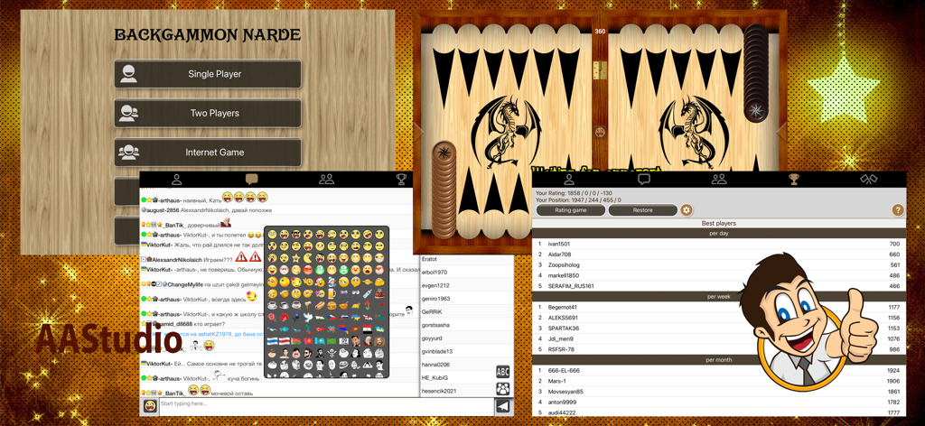 Collage von Long Narde Backgammon Pro App-Bildschirmen, die Spielbrett, Online-Chat und Ranglisten zeigen