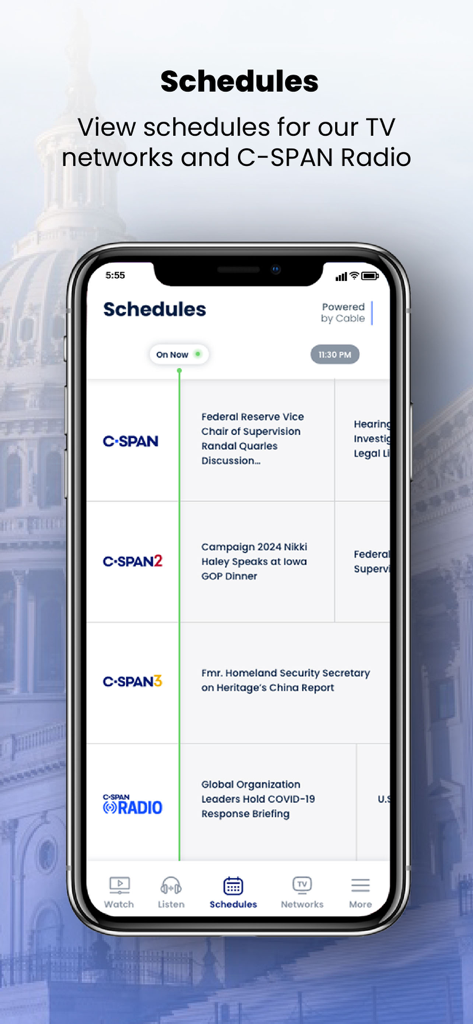 Mobile app interface displaying the daily broadcast schedule for C-SPAN TV networks and C-SPAN Radio.