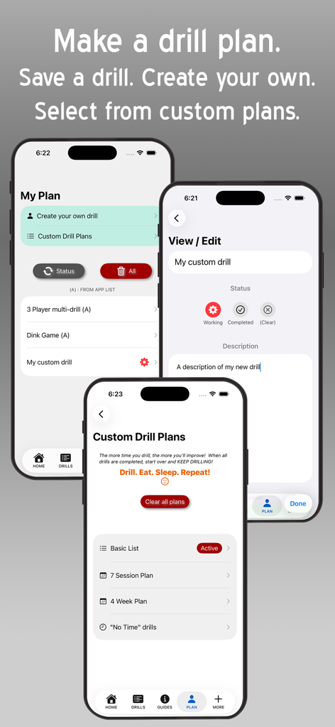 Interface for creating and selecting custom pickleball drill plans