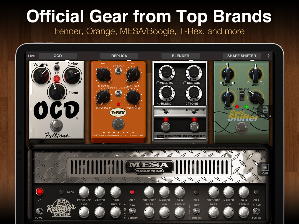 Des pédales de guitare virtuelles et un amplificateur MESA/Boogie Triple Rectifier intégrés à l'application AmpliTube pour iPad.