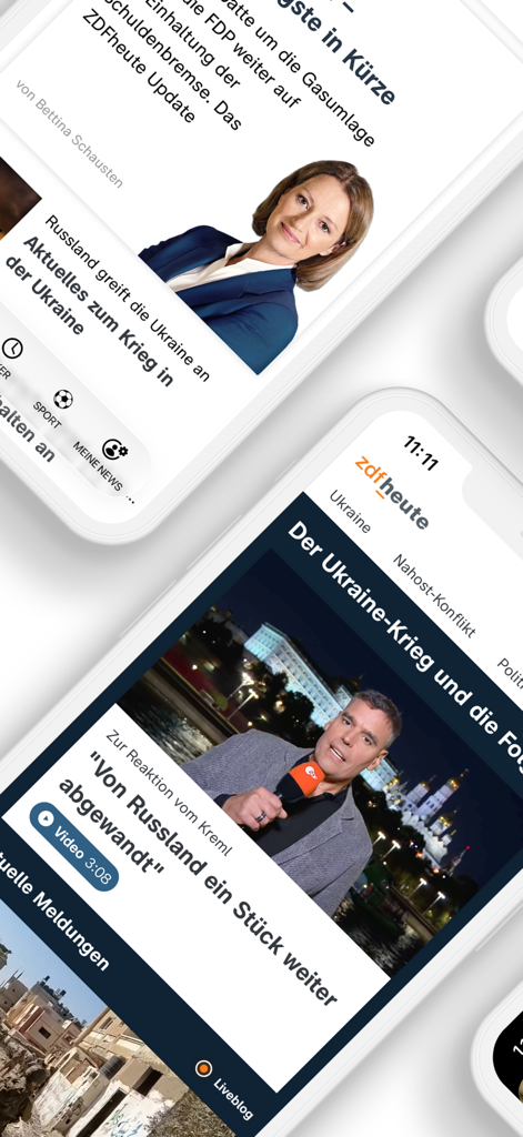 ZDFheute - Nachrichten - iPhoneに表示されたZDFheuteニュースアプリ。ドイツ語のヘッドラインやビデオレポートが表示されています。
