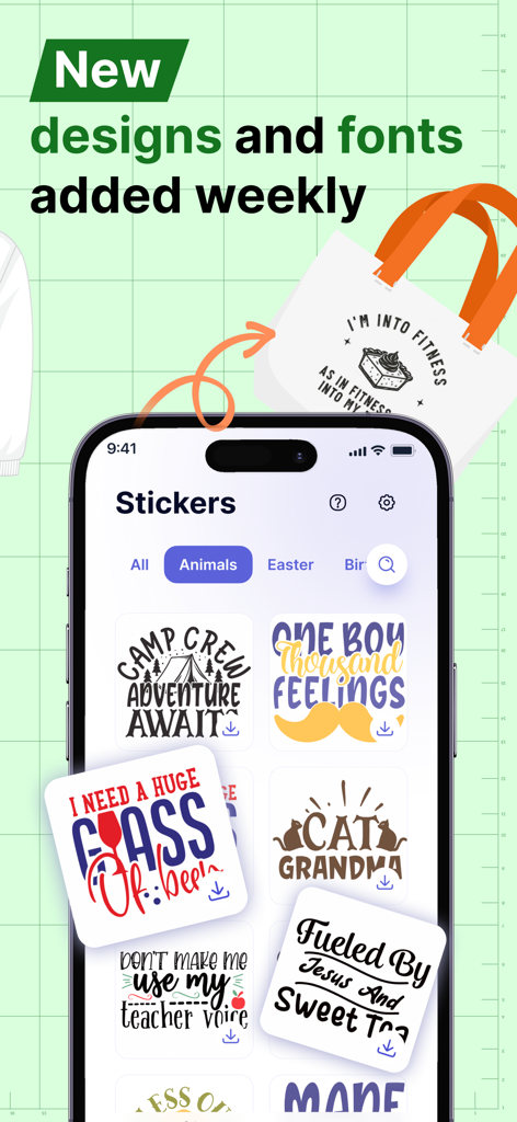 Cutting Studio - Cutting Studio app interface showing a variety of sticker designs and weekly updated fonts for craft projects.