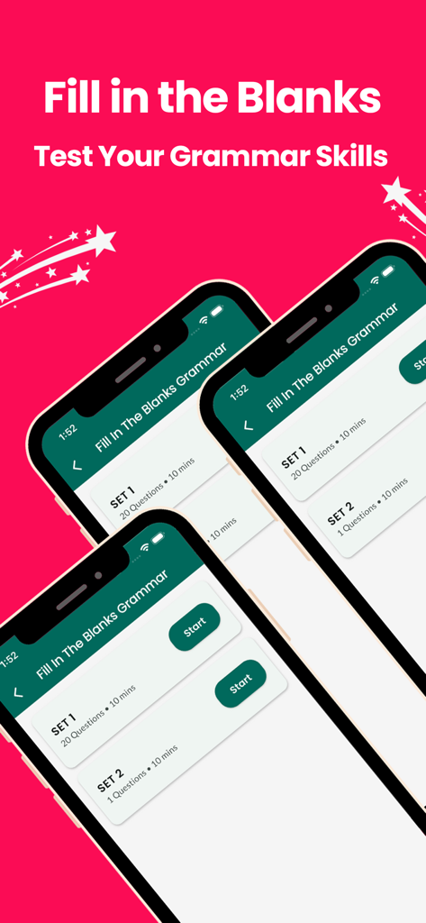 100 English Grammar Rules - Interfaz de la aplicación que muestra pruebas de práctica de gramática de completar espacios en blanco con varios conjuntos de preguntas